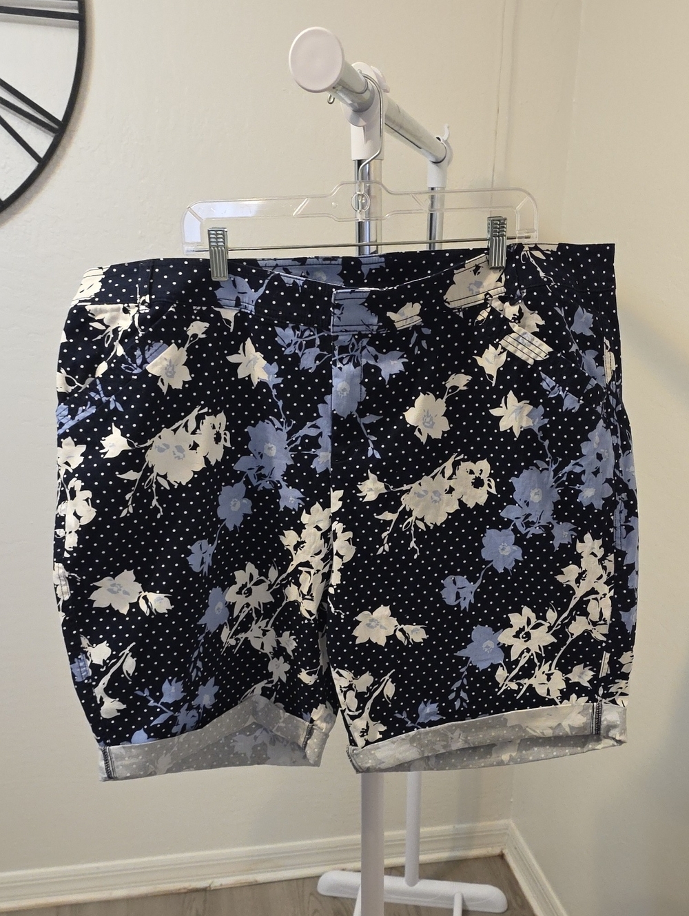 Lane Bryant Navy Floral and White Polka Dot Shorts